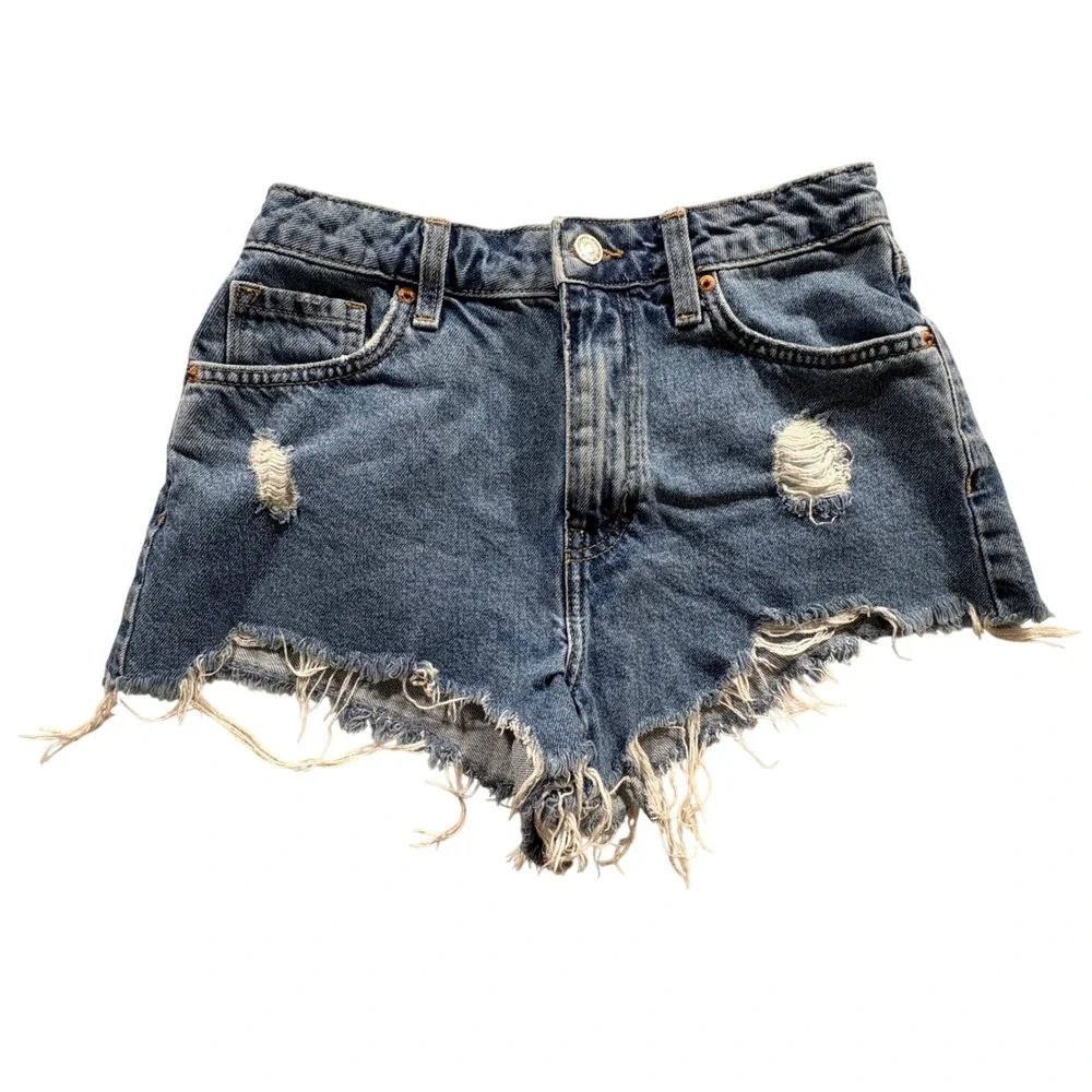 Forever 21 Premium Denim Shorts Womens 25 Blue Distressed High Rise Raw Hem